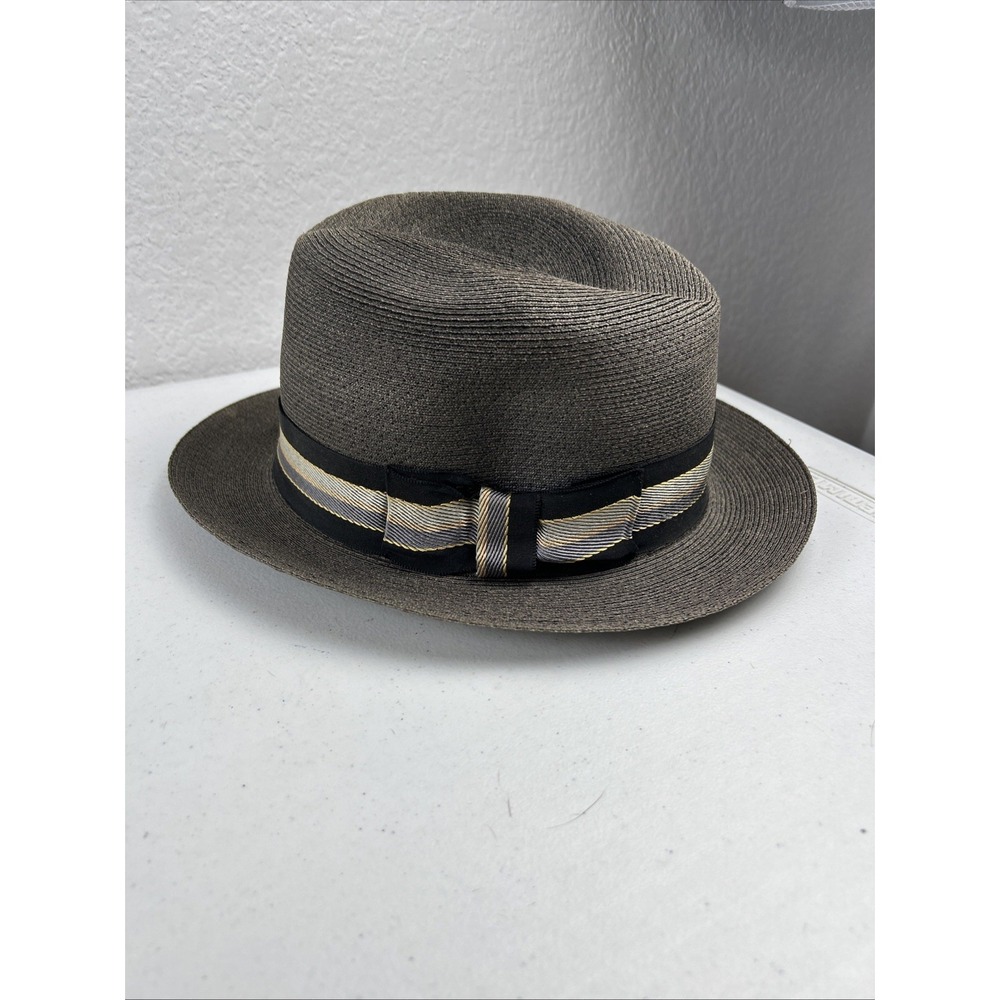 Vintage Stevens Straw Fedora Panama Hat With Ribbon‎ Band - Size 7 1/8 Gray
